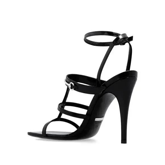 GUCCI Women's Horsebit Caged T Strap High Heel Sandals Black Silver 37.5 US 7.5 - Picture 5 of 16